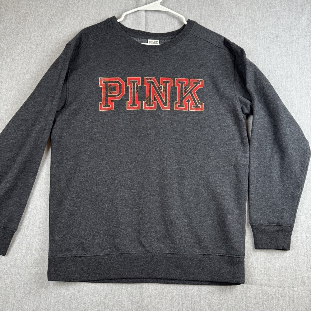PINK Victorias Secret Dark Heather Gray Red Holiday Logo Crewneck Sweater Small